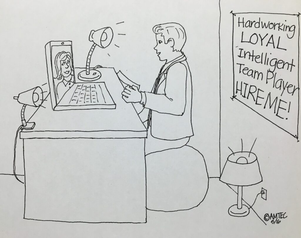 Black-and-white drawing of a man holding a sheet of paper while speaking to an interviewer on a laptop.