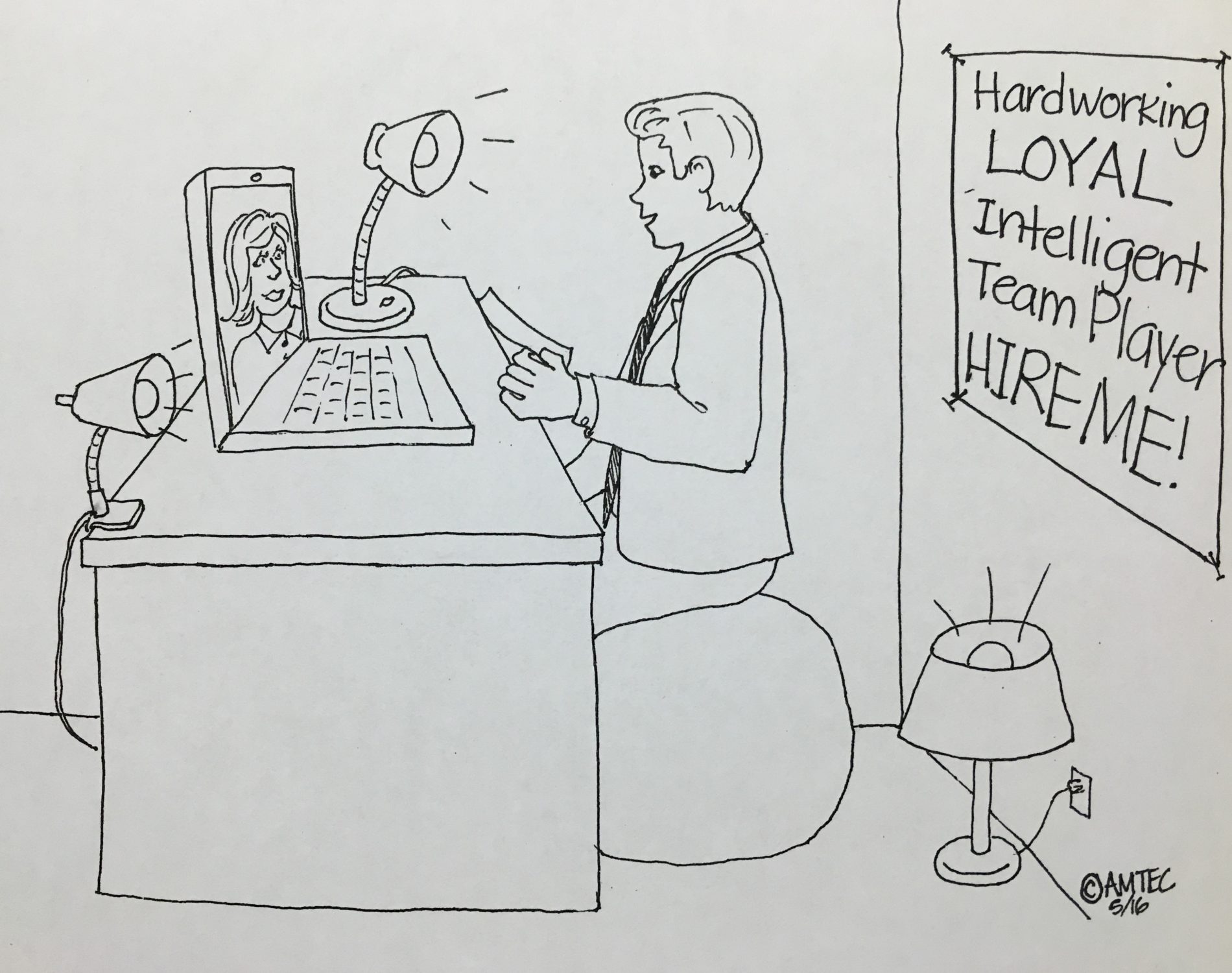 Black-and-white drawing of a man holding a sheet of paper while speaking to an interviewer on a laptop.